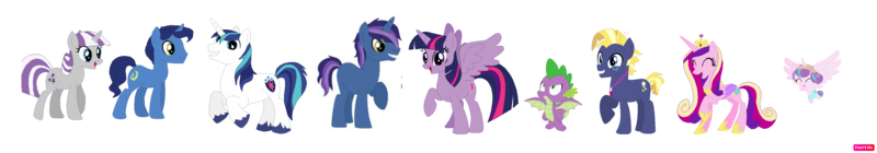 Size: 3365x588 | Tagged: safe, artist:batmuties, artist:selenaede, derpibooru import, night light, princess cadance, princess flurry heart, shining armor, spike, star tracker, twilight sparkle, twilight sparkle (alicorn), twilight velvet, oc, oc:sirius sigel, alicorn, earth pony, pony, unicorn, adoptive siblings, baby, baby pony, base used, colt, family, female, filly, foal, g4, group, image, male, mare, png, simple background, sparkle family, stallion, teenager, transparent background