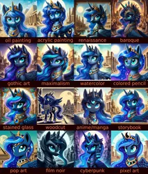 Size: 4096x4800 | Tagged: safe, ai content, derpibooru import, machine learning generated, princess luna, alicorn, pony, absurd file size, absurd resolution, ancient egypt, anime style, building, clothes, cyberpunk, egyptian, female, full moon, g4, generator:dall-e 3, grid, image, looking at you, mare, modern art, moon, noir, outdoors, pixel art, png, pop art, prompt in description, prompter:tyto4tme4l, sky, smiling, smiling at you, solo, spread wings, stained glass, tutorial, wings, woodcut