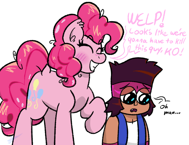 Size: 650x500 | Tagged: safe, artist:aj flame ss6, derpibooru import, pinkie pie, earth pony, human, pony, blushing, dialogue, duo, eyes closed, female, i think we're gonna have to kill this guy, image, k.o. (ok k.o.!), mare, meme, ok ko let's be heroes, png, simple background, speech bubble, white background