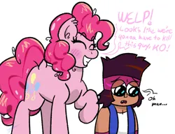 Size: 650x500 | Tagged: safe, artist:aj flame ss6, derpibooru import, pinkie pie, earth pony, human, pony, blushing, dialogue, duo, eyes closed, female, i think we're gonna have to kill this guy, image, k.o. (ok k.o.!), mare, meme, ok ko let's be heroes, png, simple background, speech bubble, white background