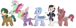 Size: 3400x1264 | Tagged: safe, artist:miss-barker, derpibooru import, oc, oc:bright star, oc:crimson blossom, oc:ladybird, oc:periwinkle, oc:saul, oc:shoreline, unofficial characters only, abyssinian, dracony, dragon, hippogriffon, hybrid, kirin, original species, yakony, adopted offspring, female, g4, group, image, interspecies offspring, magical lesbian spawn, male, offspring, parent:gallus, parent:holiday, parent:lofty, parent:mina, parent:ocellus, parent:sandbar, parent:silverstream, parent:smolder, parent:star tracker, parent:yona, parents:gallstream, parents:smolcellus, parents:yonabar, png, simple background, transparent background