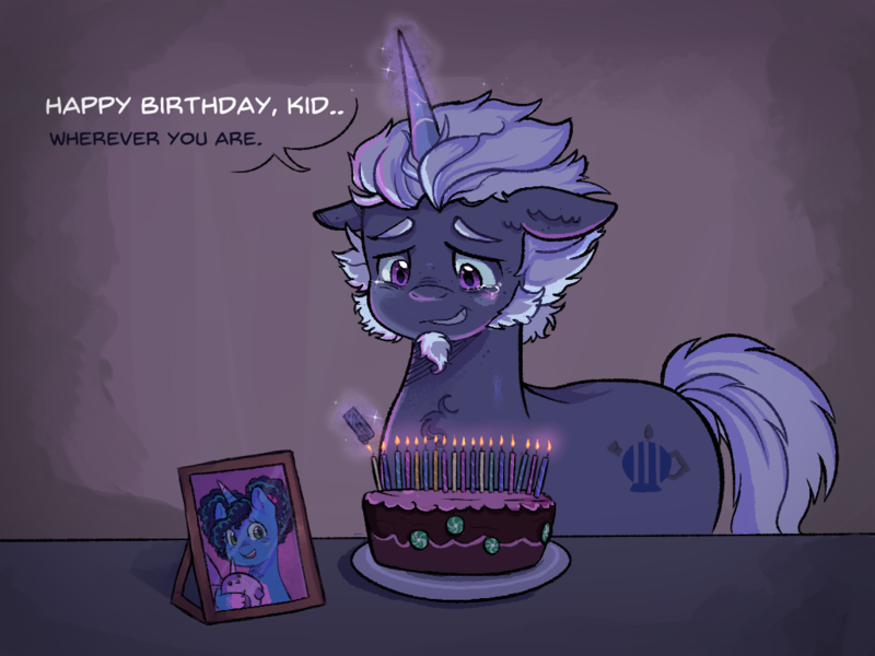 Size: 1028x771 | Tagged: safe, artist:kreeeeeez, derpibooru import, alphabittle (g5), pony, rabbit, g5, animal, birthday cake, cake, candle, crying, female, filly, filly misty brightdawn, fire, foal, food, image, levitation, magic, male, misty brightdawn, photo, plushie, png, sad, solo, stallion, teary eyes, telekinesis, younger