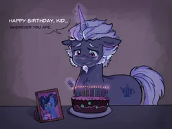 Size: 1028x771 | Tagged: safe, artist:kreeeeeez, derpibooru import, pony, rabbit, g5, alphabittle blossomforth, animal, birthday cake, cake, candle, crying, female, filly, filly misty brightdawn, fire, foal, food, image, levitation, magic, male, misty brightdawn, photo, plushie, png, sad, solo, stallion, teary eyes, telekinesis, younger