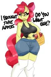 Size: 2700x4096 | Tagged: safe, artist:flutterthrash, derpibooru import, apple bloom, anthro, earth pony, 2d, apple, basket, bow, breasts, busty apple bloom, cleavage, clothes, dialogue, female, food, g4, hair bow, image, jpeg, lidded eyes, midriff, older, older apple bloom, shorts, simple background, socks, solo, thigh highs, unamused, white background