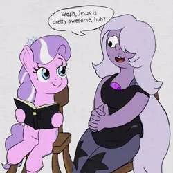 Size: 512x512 | Tagged: safe, artist:rainbow_q20, diamond tiara, pony, unicorn, amethyst (steven universe), bible, bipedal, chair, cute, female, filly, foal, gem, happy, holding, holding book, holding object, human behavior, humanoid, image, jewel, jpeg, looking at each other, looking at someone, reading, simple background, sitting, steven universe, talking