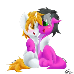 Size: 2048x2048 | Tagged: safe, artist:dianetgx, derpibooru import, oc, oc:axle bright, oc:diane tgx, unofficial characters only, dracony, dragon, hybrid, unicorn, derpibooru community collaboration, 2024 community collab, blushing, couple, female, husband and wife, image, looking at each other, looking at someone, male, png, signature, simple background, sitting, smiling, transparent background