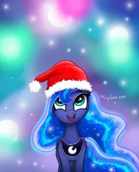 Size: 2480x3068 | Tagged: safe, artist:user-fox, derpibooru import, princess luna, alicorn, pony, christmas, female, filly, foal, g4, happy new year, hat, holiday, image, new year, png, santa hat, solo