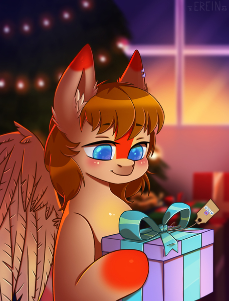 Size: 1522x2000 | Tagged: safe, artist:erein, derpibooru import, oc, oc:erin rorien, pegasus, pony, blue eyes, blushing, brown mane, bust, chibi, christmas, christmas lights, christmas presents, christmas tree, commission, cute, ear piercing, ears up, female, garland, holiday, icon, image, indoors, jpeg, pegasus oc, piercing, portrait, present, room, smiling, solo, string lights, tree, window, wings, ych result