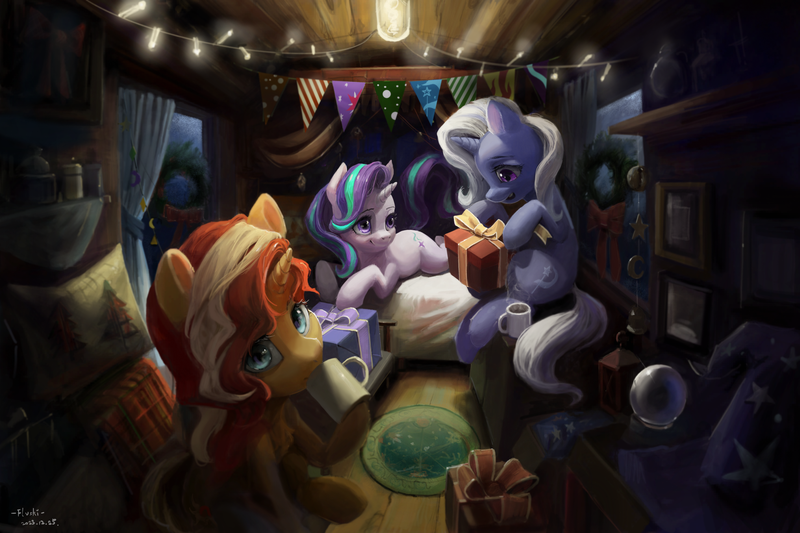 Size: 6000x4000 | Tagged: safe, artist:flvski, derpibooru import, starlight glimmer, sunset shimmer, trixie, pony, unicorn, christmas, christmas wreath, clothes, crystal ball, hat, holiday, image, looking at you, lying down, mug, pillow, png, present, prone, sitting, smiling, trixie's hat, trixie's wagon, wagon, wreath