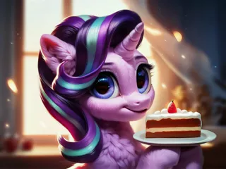 Size: 4096x3072 | Tagged: safe, ai content, derpibooru import, machine learning generated, prompter:kluknawa235, stable diffusion, starlight glimmer, unicorn, cake, chest fluff, cute, ear fluff, food, g4, generator:pony diffusion v6 xl, generator:purplesmart.ai, horn, image, jpeg, looking at you, smiling, window