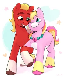 Size: 3474x4132 | Tagged: safe, artist:daisy_marshmallow, derpibooru import, sprout cloverleaf, oc, oc:malarkey, earth pony, pony, g5, art trade, canon x oc, duo, image, looking at each other, looking at someone, male, png, shipping, smiling, smiling at each other