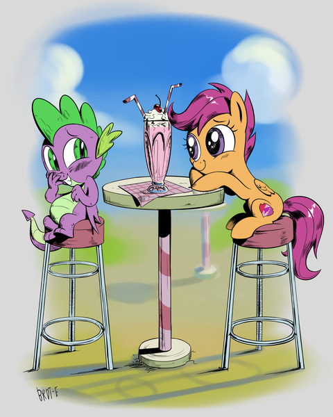 Size: 1638x2048 | Tagged: safe, artist:brdte, derpibooru import, scootaloo, spike, dragon, pegasus, pony, commission, drink, duo, female, filly, foal, image, jpeg, looking at each other, looking at someone, male, milkshake, scootaspike, shipping, sitting, straight