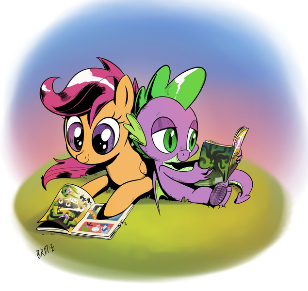 Size: 2048x1934 | Tagged: safe, artist:brdte, derpibooru import, scootaloo, spike, dragon, pegasus, pony, comic, commission, duo, female, filly, foal, image, jpeg, lying down, male, prone, reading, scootaspike, shipping, sitting, smiling, straight, winged spike, wings