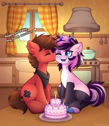 Size: 2600x3000 | Tagged: safe, artist:madelinne, derpibooru import, oc, oc:katon ora, oc:purple mayflower, unofficial characters only, earth pony, birthday cake, cake, carpet, duo, earth pony oc, food, image, kitchen, png, window