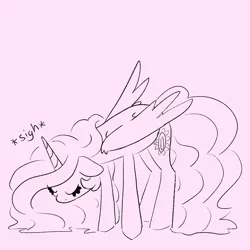 Size: 2048x2048 | Tagged: safe, artist:pigzfairy, derpibooru import, part of a set, princess celestia, eyes closed, horn, image, jpeg, looking down, sigh, sketch, solo