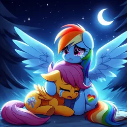 Size: 1024x1024 | Tagged: safe, ai content, derpibooru import, machine learning generated, rainbow dash, scootaloo, pegasus, pony, crying, duo, female, forest, g4, hug, image, jpeg, mare, moon, nature, night, sad, stars, tears of pain, tree, wings