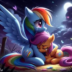 Size: 1024x1024 | Tagged: safe, ai content, derpibooru import, machine learning generated, rainbow dash, scootaloo, butterfly, insect, pegasus, pony, cloud, crying, duo, female, g4, grass, hug, image, jpeg, mare, moon, night, sad, stars, tears of pain, wings