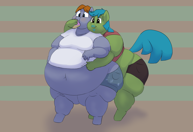 Size: 3230x2220 | Tagged: questionable, artist:lupin quill, derpibooru import, oc, oc:blitz tale, oc:lupin quill, unofficial characters only, anthro, earth pony, unguligrade anthro, bare midriff, bedroom eyes, belly, belly button, belly grab, bhm, big belly, bingo wings, blushing, chubby cheeks, clothes, denim, denim shorts, earth pony oc, facial hair, fat, fat fetish, feedee, feeder, fetish, image, moobs, morbidly obese, obese, png, shorts, thighs, thunder thighs, tight clothing