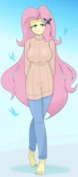 Size: 1873x4222 | Tagged: safe, artist:batipin, derpibooru import, fluttershy, human, equestria girls, big breasts, breasts, busty fluttershy, clothes, image, looking at you, missing shoes, png, sweater, sweatershy