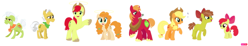 Size: 3208x597 | Tagged: safe, artist:batmuties, artist:selenaede, derpibooru import, apple bloom, applejack, big macintosh, bright mac, grand pear, granny smith, pear butter, oc, oc:honeycrisp pear, earth pony, pony, base used, elderly, father and child, father and daughter, father and son, female, g4, grandfather and grandchild, grandfather and granddaughter, grandfather and grandson, grandmother and grandchild, grandmother and granddaughter, grandmother and grandson, group, halo, image, male, mare, mother and child, mother and daughter, mother and son, offspring, parent:bright mac, parent:pear butter, parents:brightbutter, png, simple background, stallion, transparent background