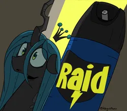 Size: 2168x1900 | Tagged: safe, artist:icey, derpibooru import, queen chrysalis, changeling, changeling queen, bug spray, female, image, png, raid, scared, solo