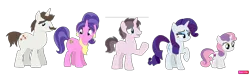 Size: 1919x576 | Tagged: safe, artist:batmuties, artist:selenaede, derpibooru import, cookie crumbles, hondo flanks, rarity, sweetie belle, oc, oc:rugby pizelle, pony, unicorn, base used, father and child, father and daughter, father and son, female, filly, foal, g4, group, image, male, mare, mother and child, mother and daughter, mother and son, offspring, parent:cookie crumbles, parent:hondo flanks, parents:cookieflanks, png, simple background, stallion, transparent background