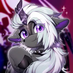 Size: 1500x1500 | Tagged: safe, artist:swaybat, derpibooru import, oc, oc:jinx kurai, unofficial characters only, kirin, abstract background, bust, clothes, cloven hooves, collar, eye clipping through hair, heart, horn, image, kirin oc, looking at you, magic, png, portrait, scales, smiling, smiling at you, tattoo