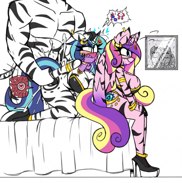 Size: 1274x1280 | Tagged: explicit, artist:nelljoestar, derpibooru import, princess cadance, shining armor, alicorn, anthro, plantigrade anthro, unicorn, zebra, 2022, ahegao, an egg being attacked by sperm, belly dancer outfit, bodypaint, bottomless, breasts, busty gleaming shield, busty princess cadance, clothes, cuckolding, cuckquean, cum, egg cell, female, femsub, g4, gleaming cadance, gleaming shield, gleamingsub, half r63 shipping, harem outfit, high heels, image, impregnation, impregnation while transformed, jpeg, lesbian, male, mind break, nudity, old art, open mouth, orientation play, partial nudity, prison guard position, rule 63, sex, shiningcadance, shiningsub, ship:gleaming cadance, shipping, shoes, spermatozoon, straight, striped, subdance, submissive, this will end in pregnancy, tongue out, zebra are bigger and better, zebra supremacy, zebradom