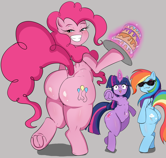 Size: 3048x2894 | Tagged: suggestive, artist:zekn, derpibooru import, pinkie pie, rainbow dash, twilight sparkle, anthro, earth pony, pegasus, unguligrade anthro, unicorn, arm hooves, ass, balloonbutt, bedroom eyes, belly button, blushing, breasts, butt, cake, disproportional anatomy, female, females only, food, g4, glasses, gray background, huge butt, image, large butt, lip bite, looking at you, looking back, looking back at you, open mouth, png, rainbutt dash, raised tail, simple background, smiling, smiling at you, sunglasses, tail, the ass was fat, tiny torso, unicorn twilight, wide hips