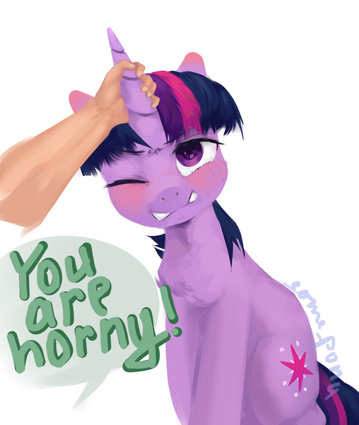 Size: 1830x2160 | Tagged: suggestive, artist:some_ponu, edit, twilight sparkle, pony, unicorn, blushing, disembodied hand, female, gritted teeth, hand, horn, horn grab, horny, image, jpeg, mare, offscreen character, offscreen human, one eye closed, pain, pun, signature, simple background, sitting, solo focus, speech bubble, spread wings, teary eyes, teeth, unicorn twilight, visual pun, white background, wings