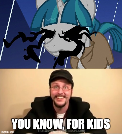 Size: 500x549 | Tagged: safe, derpibooru import, edit, edited screencap, editor:railpony, screencap, pony of shadows, stygian, pony, unicorn, season 7, shadow play, caption, g4, image, imgflip, jpeg, male, meme, nightmare fuel, nostalgia critic, sarcasm, scary eyes, solo, stallion, text, what were they thinking, you know for kids, zalgo