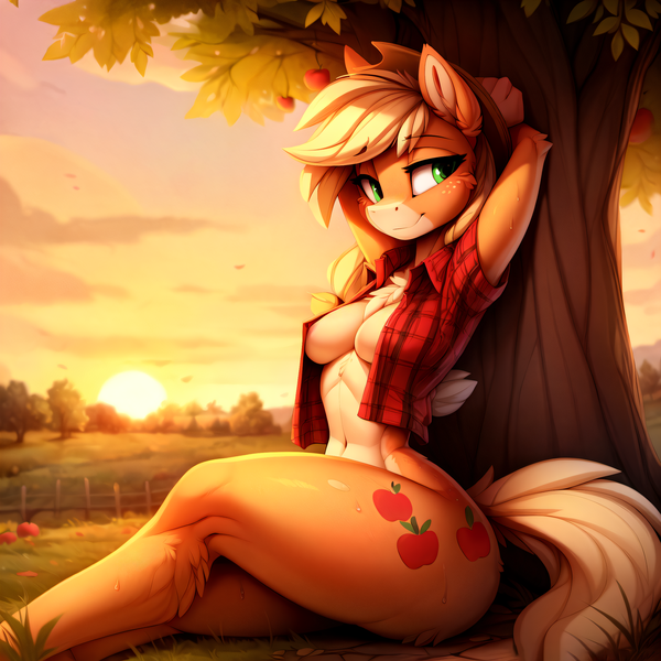 Size: 2304x2304 | Tagged: suggestive, ai content, derpibooru import, machine learning generated, prompter:jak656, stable diffusion, applejack, anthro, earth pony, apple, bottomless, breasts, busty applejack, clothes, cute, derpibooru exclusive, female, fluffy, food, g4, generator:easyfluff v11.2, image, looking at you, open clothes, open shirt, partial nudity, png, smiling, smiling at you, solo, solo female, sunset, sweat, sweet apple acres, tree