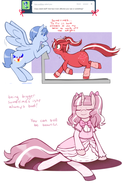 Size: 1280x1918 | Tagged: safe, artist:redintravenous, derpibooru import, oc, oc:red ribbon, unofficial characters only, pony, unicorn, ask red ribbon, clothes, dress, fat, female, image, mare, png, treadmill