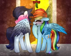 Size: 1024x808 | Tagged: safe, artist:northlights8, ponerpics import, ponybooru import, rainbow dash, soarin', pegasus, pony, female, image, male, mare, mistletoe, png, shipping, soarindash, stallion, straight