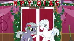 Size: 2063x1161 | Tagged: safe, anonymous artist, artist:destroyerpony, artist:kuren247, artist:somepony, derpibooru import, double diamond, limestone pie, earth pony, pony, 2023, barn, christmas, december, decoration, female, happy holidays, hearth's warming, holiday, image, kiss mark, limediamond, lipstick, lyrics in the description, male, mare, mistletoe, png, shipping, smiling, song in the description, stallion, straight, when she smiles, wreath, youtube link in the description