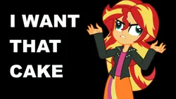 Size: 1920x1080 | Tagged: safe, artist:khuzang, derpibooru import, sunset shimmer, ponified, pony, equestria girls, 2013, angry, animated, artifact, clothes, do you want this cake, female, g4, harry partridge, image, jpeg, link in description, meme, nicolas cage, nicolas cage wants cake, nostalgia, old art, parody, skirt, solo, text, triggered, wall eyed