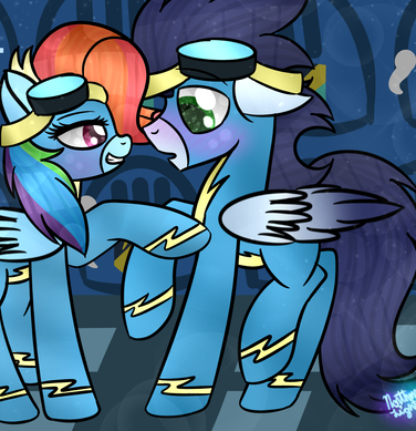 Size: 376x389 | Tagged: safe, artist:northlights8, ponerpics import, ponybooru import, rainbow dash, soarin', pegasus, pony, newbie dash, clothes, female, image, male, mare, png, rainbow fash, shipping, soarindash, stallion, straight, uniform, wonderbolts, wonderbolts uniform