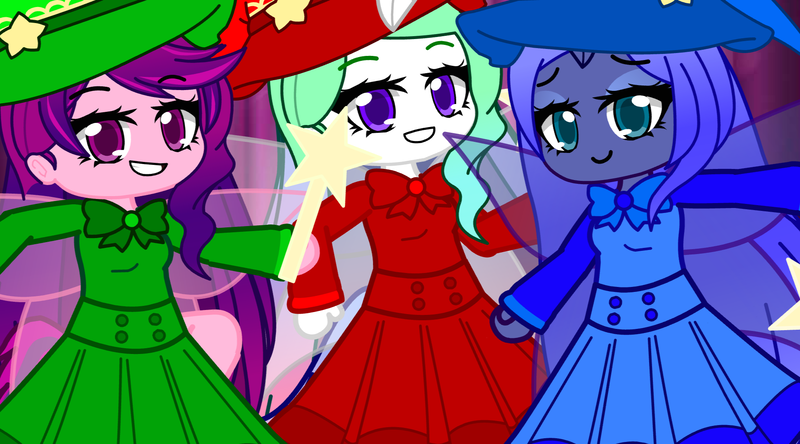 Size: 1944x1080 | Tagged: safe, artist:80ssuperstar, derpibooru import, princess cadance, princess celestia, princess luna, anthro, fairy, human, disney, fauna, female, flora, gacha club, image, merryweather, png, sleeping beauty, trio, trio female