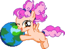 Size: 680x520 | Tagged: safe, artist:epicvon, artist:pebble_, artist:sollace, derpibooru import, oc, unnamed oc, unofficial characters only, pegasus, pony, earth, female, filly, flying, foal, g4, image, looking at you, manepxls, mare, one eye closed, open mouth, pigtails, pixel art, planet, png, pxls.space, simple background, solo, transparent background, wink