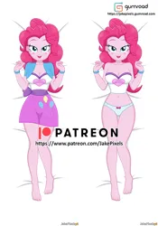 Size: 598x854 | Tagged: suggestive, artist:jakepixels, derpibooru import, pinkie pie, human, equestria girls, bed, blushing, body pillow, breasts, busty pinkie pie, clothes, gumroad, gumroad logo, image, lying down, panties, patreon, patreon logo, png, underwear