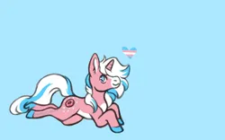 Size: 800x500 | Tagged: safe, artist:diurnalcritters, derpibooru import, oc, oc:donut sprinkle, unofficial characters only, pony, unicorn, blue background, image, lying down, male, png, pride flag, prone, simple background, solo, stallion