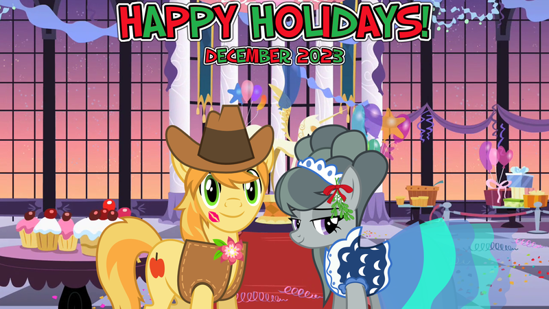 Size: 2064x1161 | Tagged: safe, anonymous artist, artist:floppychiptunes, artist:somepony, derpibooru import, braeburn, marble pie, earth pony, pony, 2023, boutonnière, braeble, canterlot, canterlot castle interior, christmas, clothes, cowboy hat, december, decoration, dress, female, gala, happy holidays, hat, hearth's warming, holiday, image, kiss mark, lipstick, lyrics in the description, male, mare, mistletoe, party, png, shipping, smiling, song in the description, stallion, straight, youtube link in the description