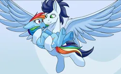 Size: 678x418 | Tagged: safe, artist:calamity-studios, ponerpics import, ponybooru import, rainbow dash, soarin', pegasus, pony, female, image, male, mare, png, shipping, soarindash, stallion, straight