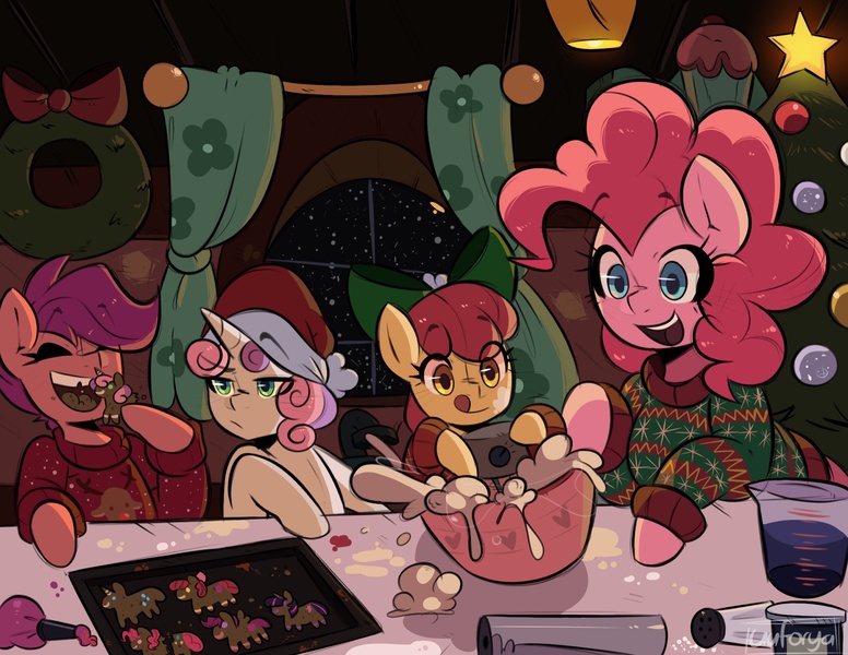 Size: 2048x1583 | Tagged: safe, artist:darkdoubloon, derpibooru import, apple bloom, pinkie pie, scootaloo, sweetie belle, earth pony, pegasus, pony, unicorn, batter, bow, bowl, christmas, christmas sweater, christmas tree, clothes, cutie mark crusaders, female, filly, foal, food, gingerbread (food), hair bow, hat, hearth's warming, holiday, image, implied rarity, implied twilight sparkle, jpeg, mare, mixer, open mouth, salt shaker, santa hat, smiling, snow, sweater, tongue out, tree, winter