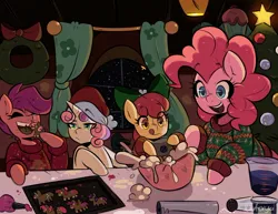 Size: 2048x1583 | Tagged: safe, artist:darkdoubloon, derpibooru import, apple bloom, pinkie pie, scootaloo, sweetie belle, earth pony, pegasus, pony, unicorn, batter, bow, bowl, christmas, christmas sweater, christmas tree, clothes, cutie mark crusaders, female, filly, foal, food, gingerbread (food), hair bow, hat, hearth's warming, holiday, image, implied rarity, implied twilight sparkle, jpeg, mare, mixer, open mouth, salt shaker, santa hat, smiling, snow, sweater, tongue out, tree, winter