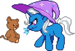 Size: 1030x710 | Tagged: safe, artist:dstears, artist:epicvon, artist:pebble_, derpibooru import, trixie, pony, unicorn, female, filly, foal, g4, image, manepxls, mare, mouth hold, pixel art, plushie, png, profile, pxls.space, simple background, solo, teddy bear, transparent background, wand, younger