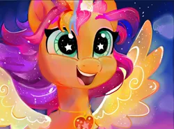 Size: 2012x1492 | Tagged: safe, artist:swirlmlp69768, derpibooru import, sunny starscout, alicorn, pony, g5, my little pony: a new generation, artificial horn, artificial wings, augmented, cute, female, happy, heart locket, horn, image, jpeg, locket, magic, magic horn, magic wings, mane stripe sunny, mare, open mouth, open smile, race swap, rainbow of light, smiling, solo, spread wings, starry eyes, sunnybetes, sunnycorn, wingding eyes, wings
