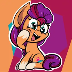 Size: 2048x2048 | Tagged: safe, artist:vcustomguitars, derpibooru import, sunny starscout, earth pony, pony, g5, abstract background, coat markings, eye clipping through hair, hoof on cheek, image, jpeg, open mouth, open smile, smiling, socks (coat marking), teeth, wingding eyes