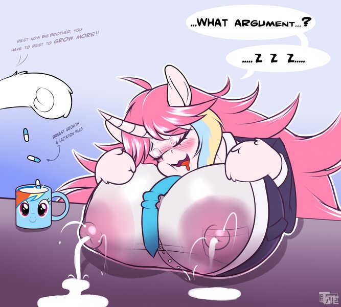 Size: 3000x2697 | Tagged: questionable, artist:tatemil, derpibooru import, rainbow dash, oc, oc:nekonin, areola, arm hooves, big areola, big breasts, breast expansion, breast milk, breasts, busty boy, clothes, dialogue, fair argument but, femboy, growth, huge areola, huge breasts, image, impossibly large breasts, intersex, jpeg, lactation, lactation through clothing, male, male lactation, meme, milk, mug, necktie, nipples, nudity, offscreen character, sleeping, suit