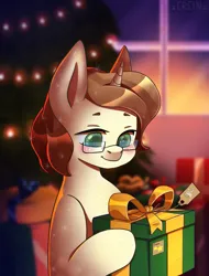 Size: 1522x2000 | Tagged: safe, artist:erein, derpibooru import, oc, oc:shinary, crystal pony, pony, unicorn, blushing, brown mane, bust, chibi, christmas, christmas lights, christmas presents, christmas tree, commission, crystal pony oc, cute, ears up, garland, glasses, holiday, horn, icon, image, indoors, jpeg, male, portrait, present, room, smiling, solo, string lights, tree, unicorn oc, window, wings, ych result